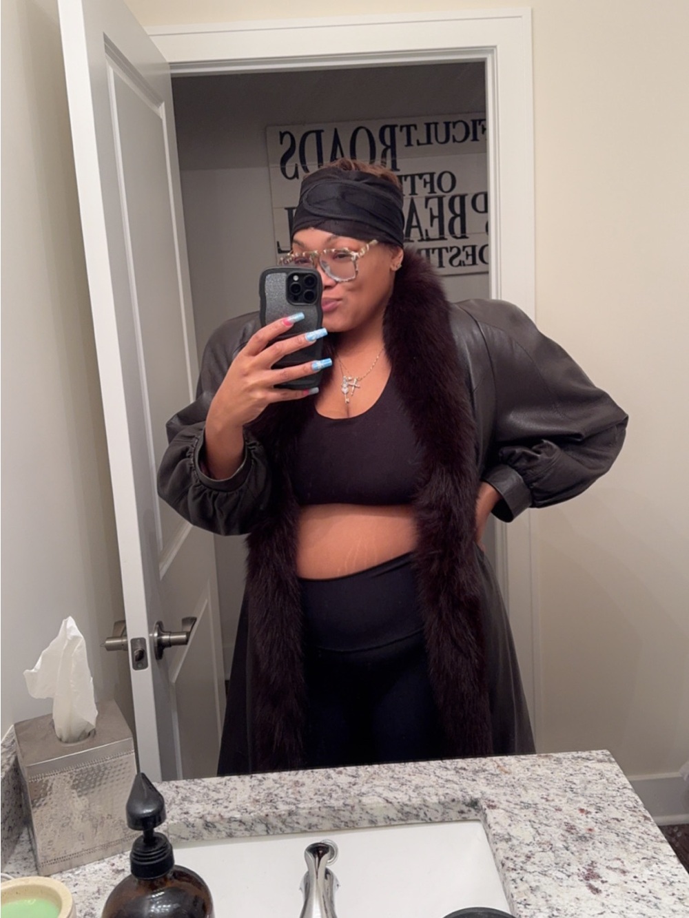 Source Unknown Black Leather Coat with Dark Faux Fur Trim